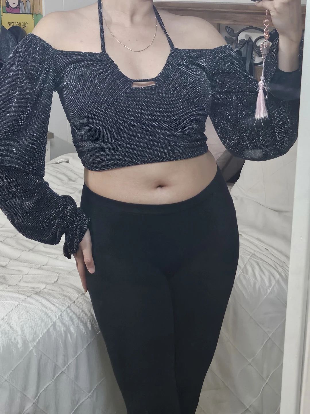 Black Glitter Off-the-Shoulder Crop Top with Puff Sleeves - photo 4