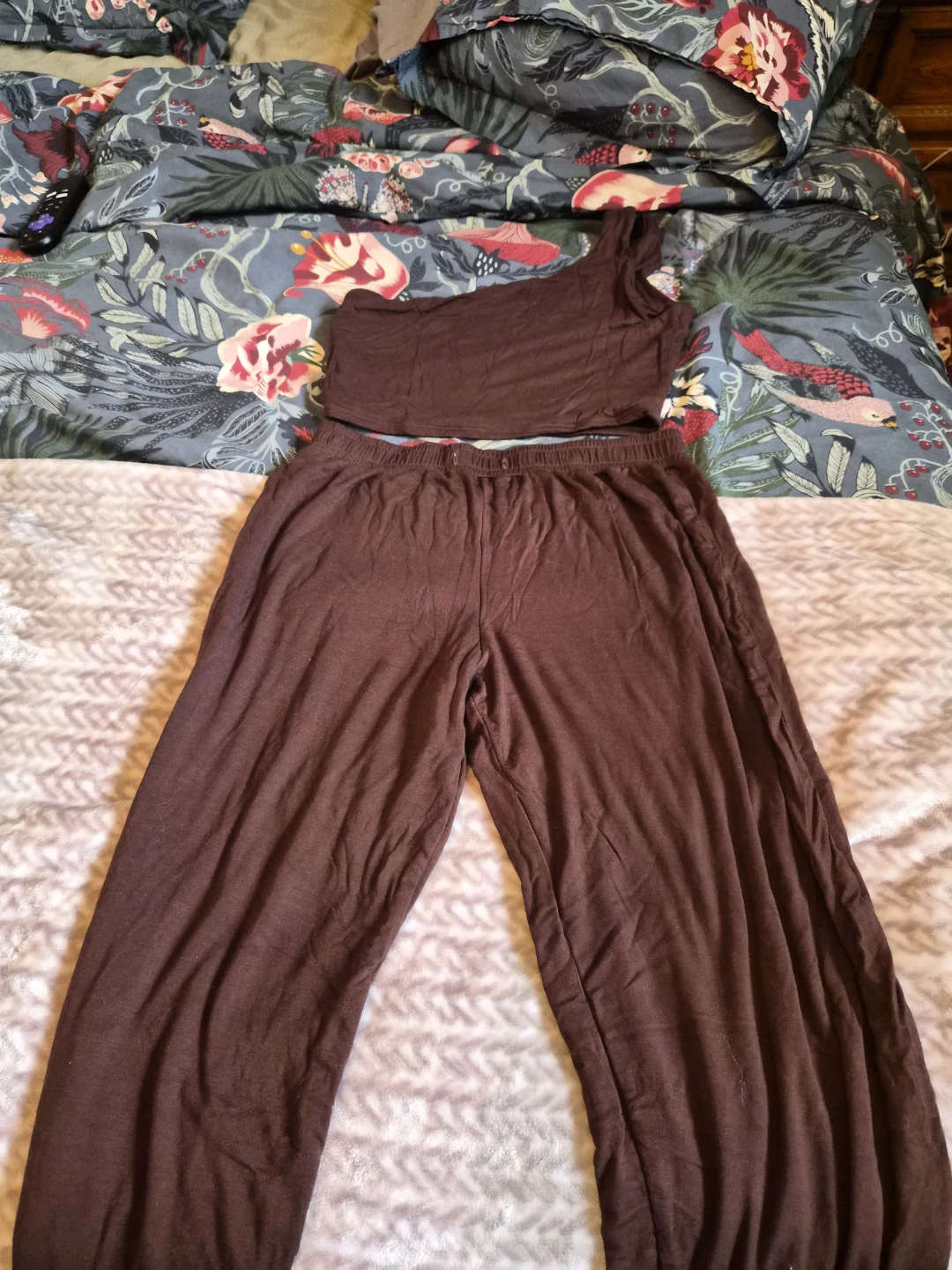 Astoria Brown One-Shoulder Crop Top and Wide-Leg Pants Set