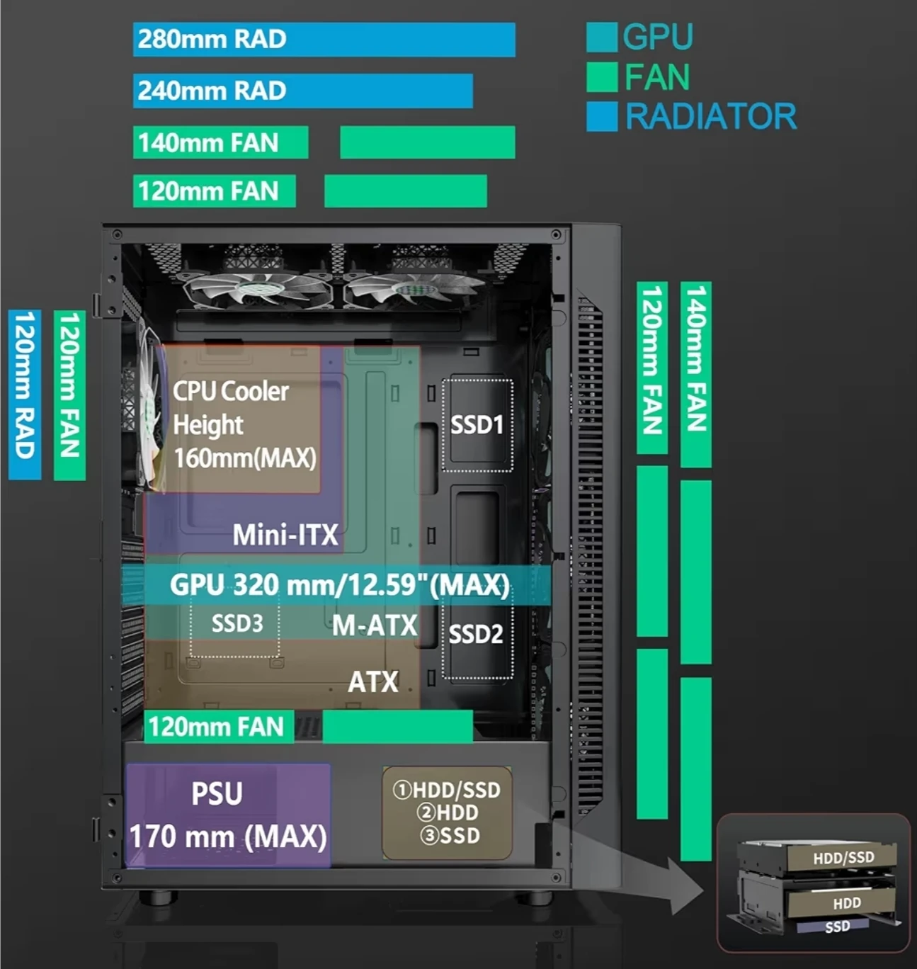 MUSETEX ATX PC Case with 6 ARGB PWM Fans - Black 5717