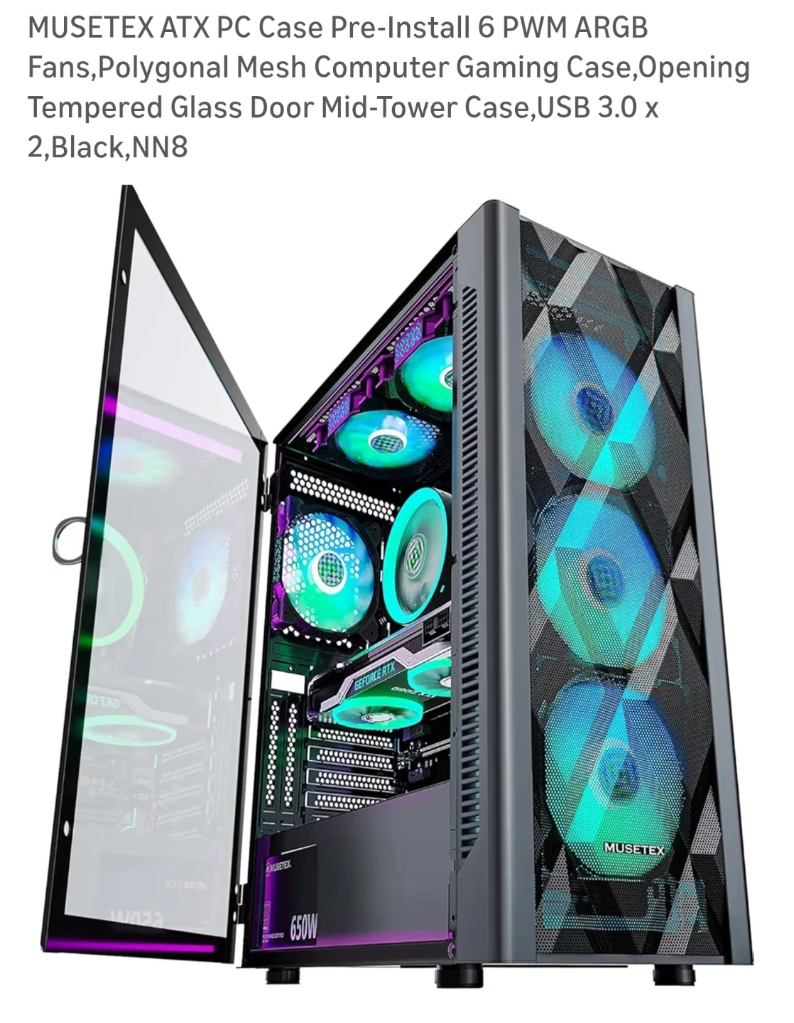 MUSETEX ATX PC Case with 6 ARGB PWM Fans - Black 5717 - photo 3