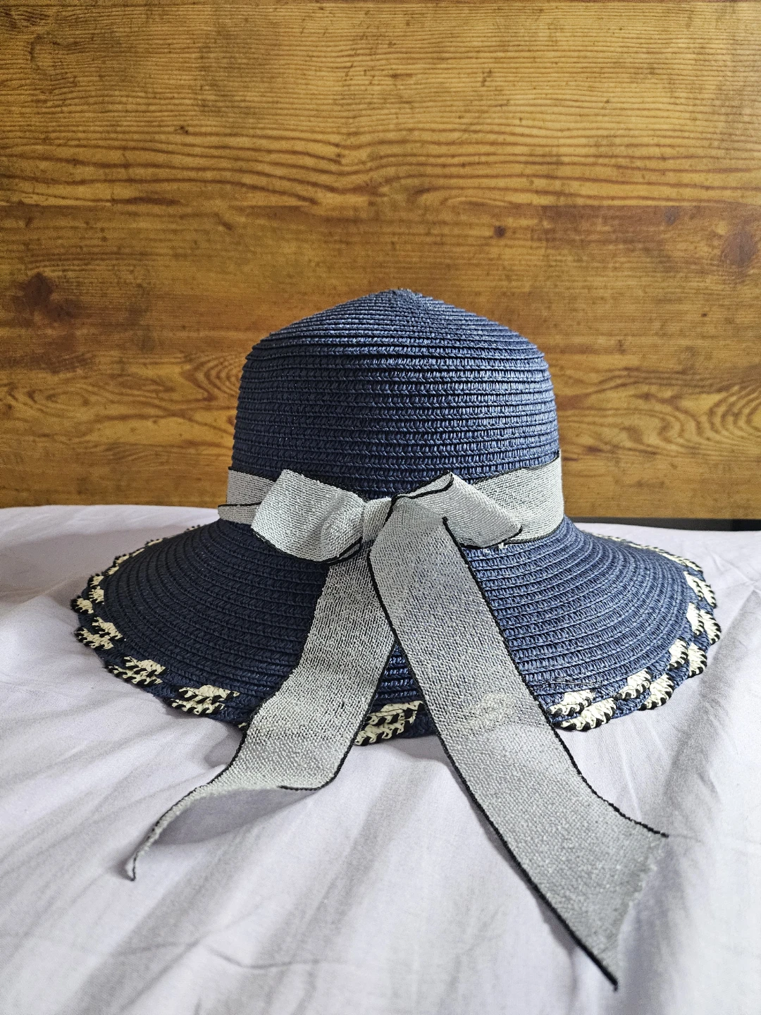 Women's Blue Straw Sun Hat with Ribbon
