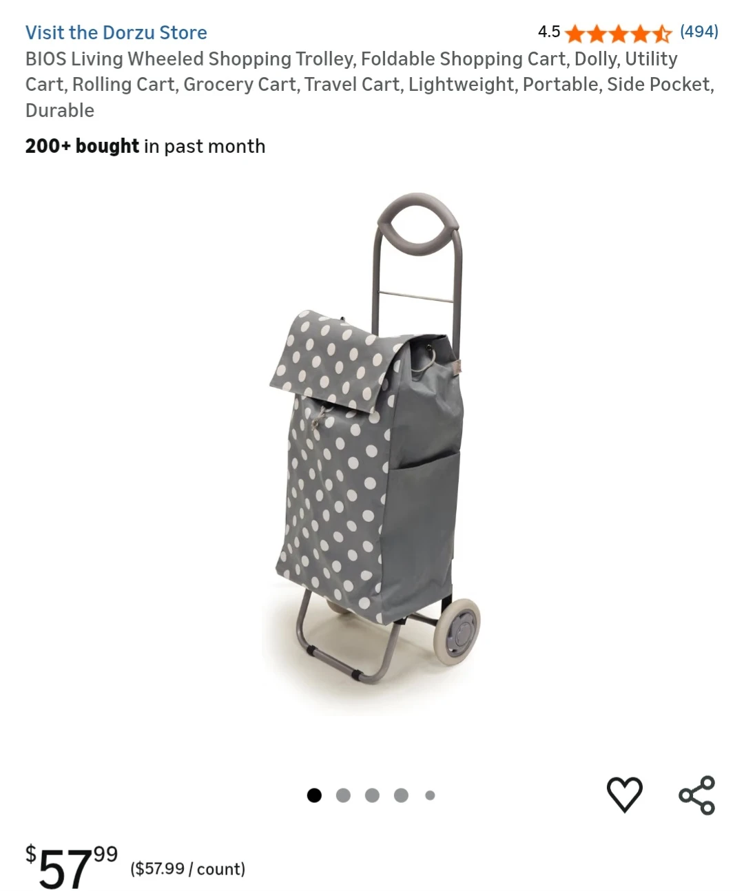 Grey Polka Dot Wheeled Shopping Trolley