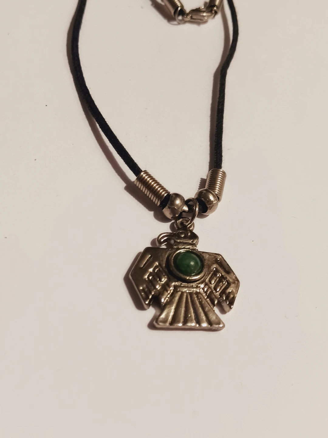 Silver Tone Thunderbird Pendant Necklace with Green Stone - photo 2