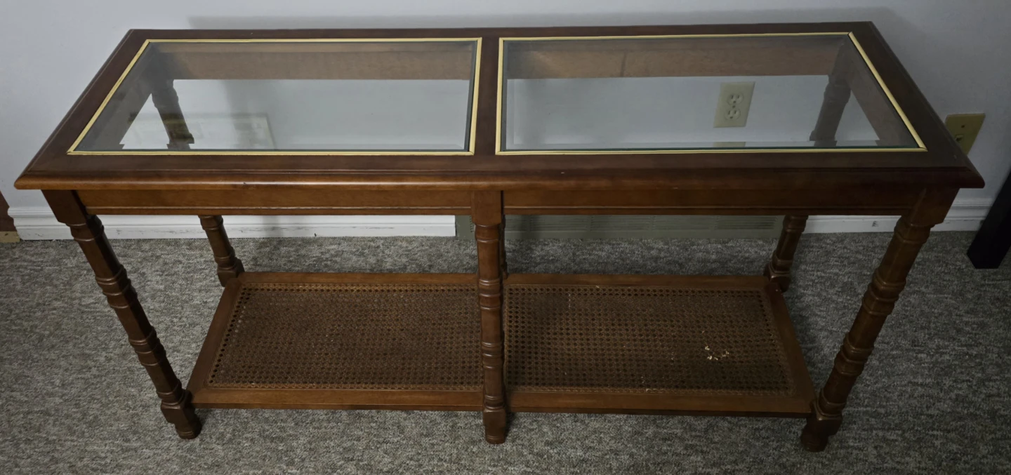 Vintage Console Table with Glass Top and Cane Shelves