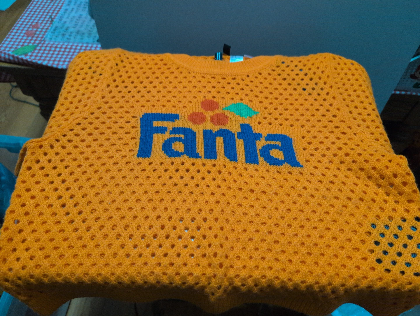 H&M Fanta Orange Crochet Mesh Short Sleeve Knit (Large).