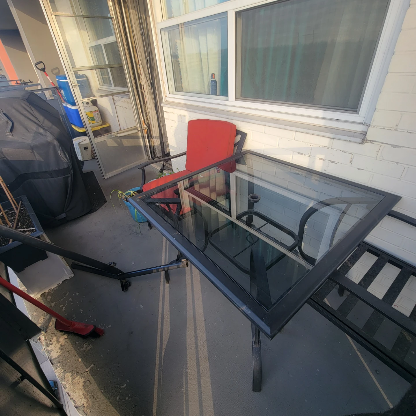 Glass Top Patio Table with Metal Frame and 2 chairs