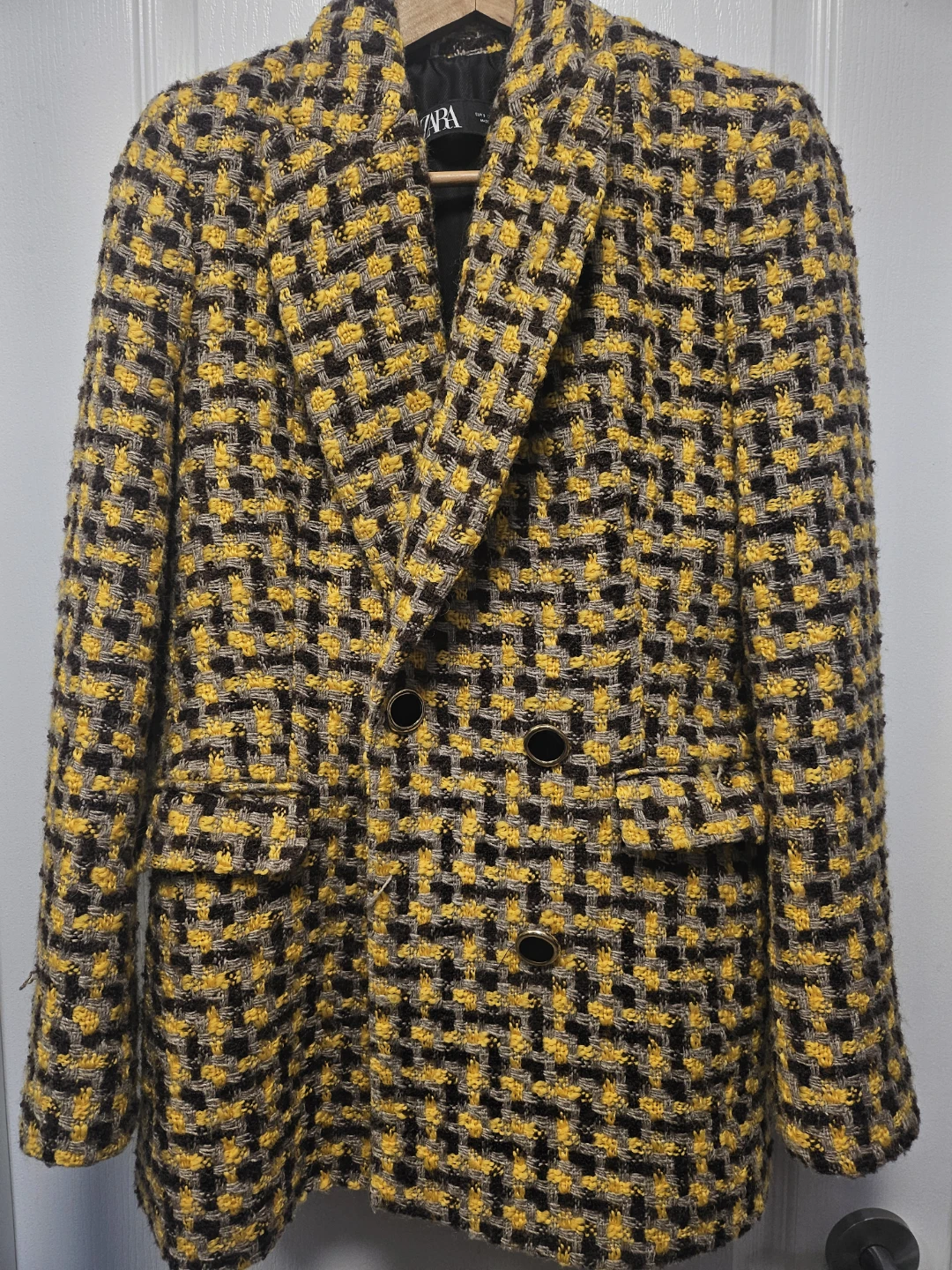 Zara Tweed Blazer Jacket Yellow Black Women's Size S