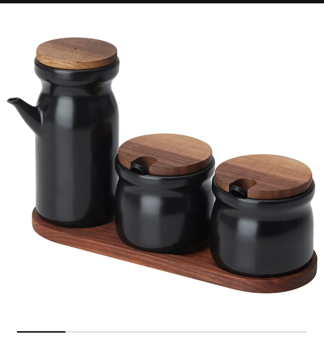 3-Piece Ceramic Condiment Set with Wooden Lids and Tray