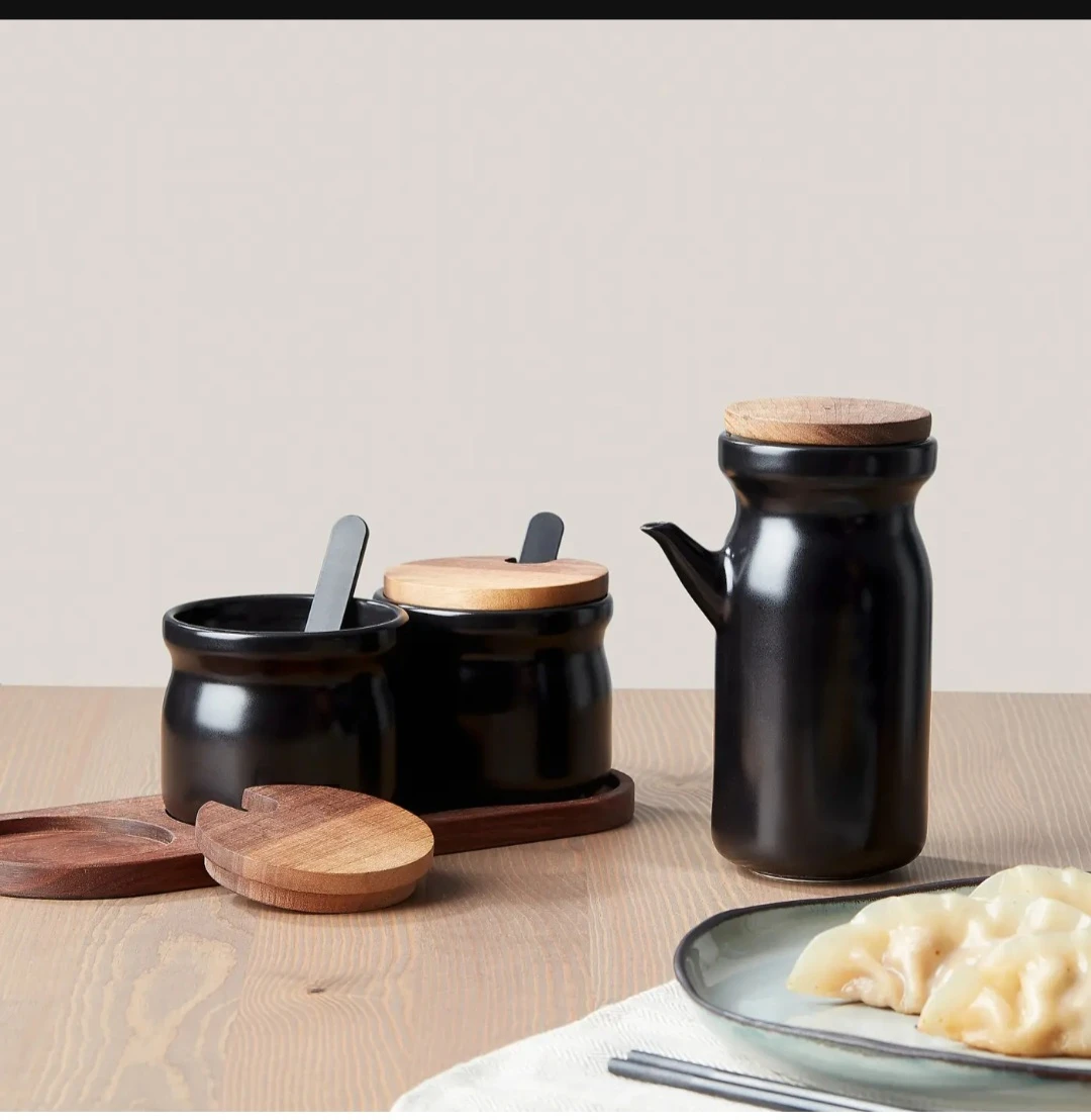 3-Piece Ceramic Condiment Set with Wooden Lids and Tray - photo 2