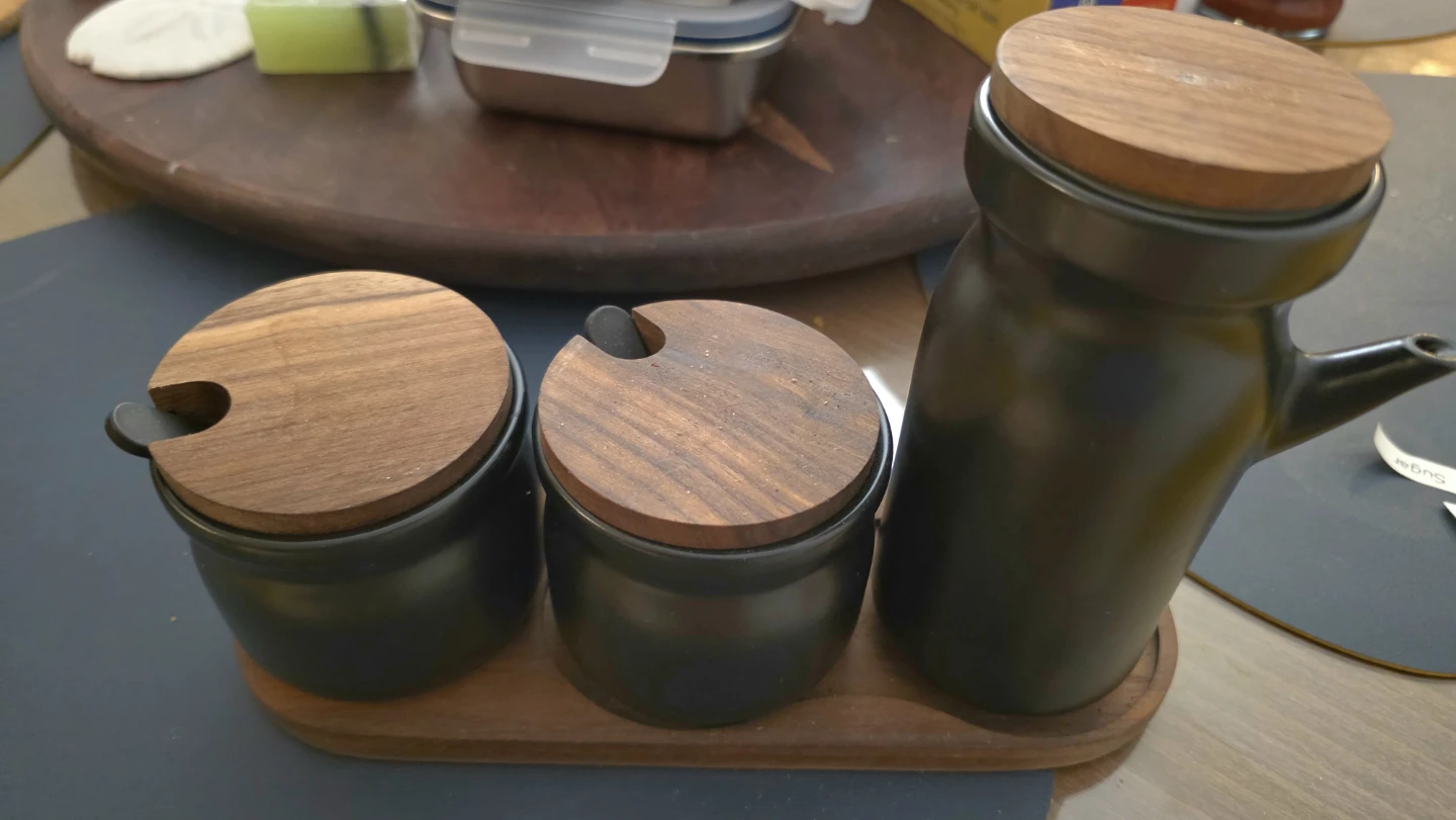 3-Piece Ceramic Condiment Set with Wooden Lids and Tray - photo 3