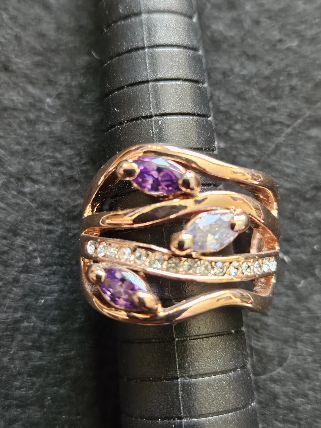 Rose Gold Tone Ring with Purple and Clear Stones - Size 10