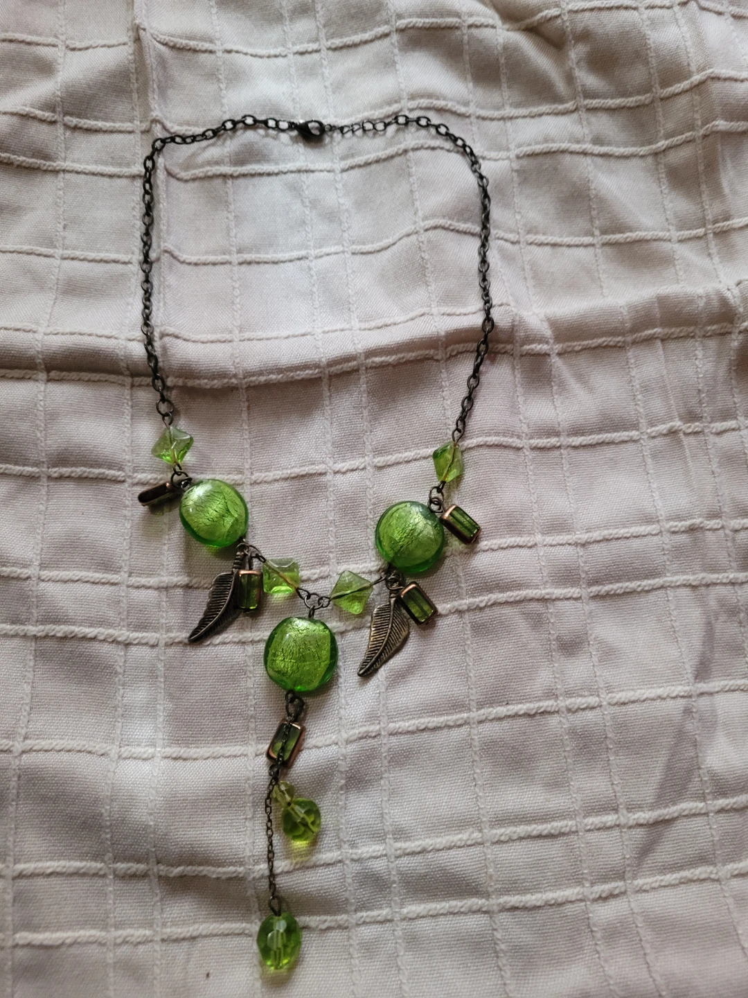Green Beaded Leaf Pendant Necklace