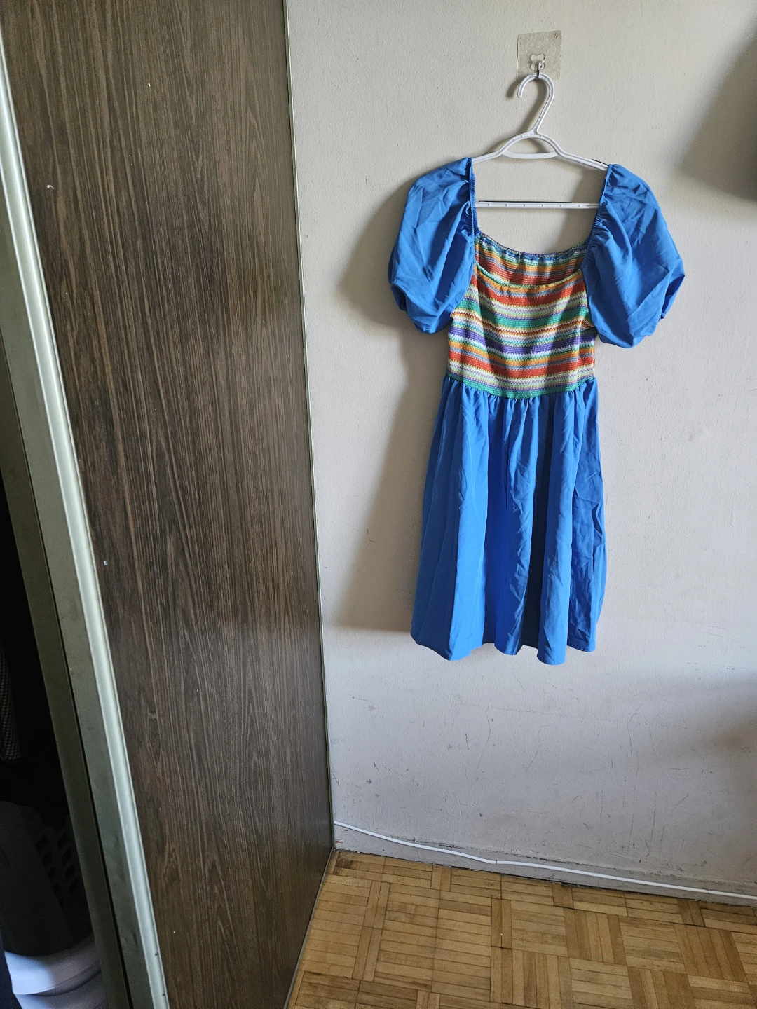 Blue Puff Sleeve Dress with Rainbow Knit Bodice