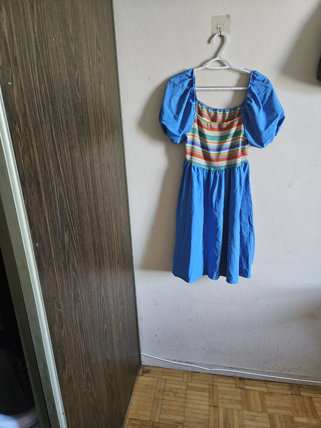 Blue Puff Sleeve Dress with Rainbow Knit Bodice - photo 2