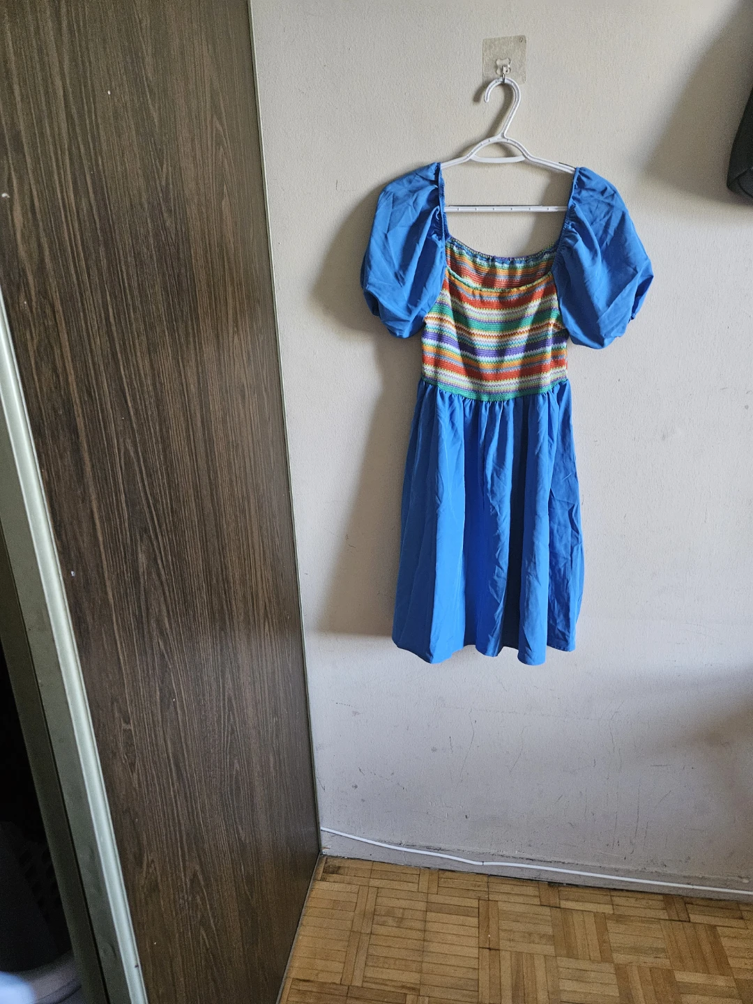 Blue Puff Sleeve Dress with Rainbow Knit Bodice - photo 3