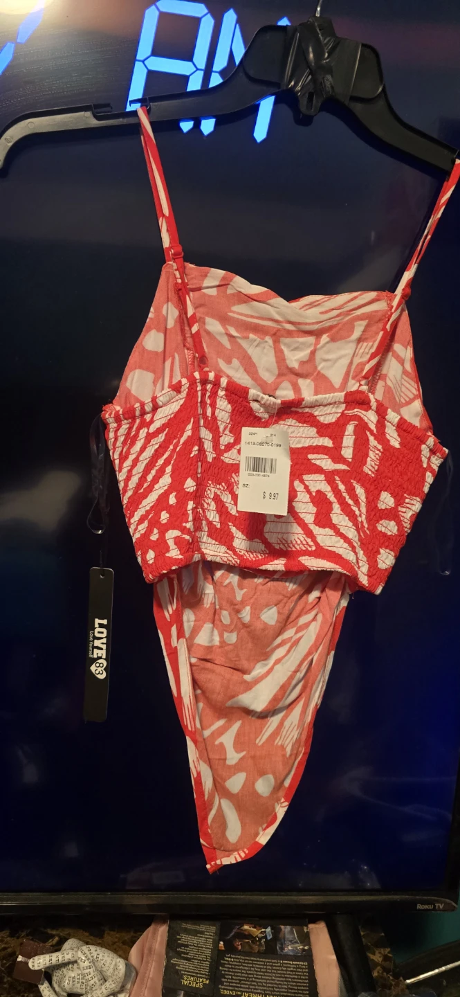 🥕Red and White Print Smocked Halter Tank Top - photo 5