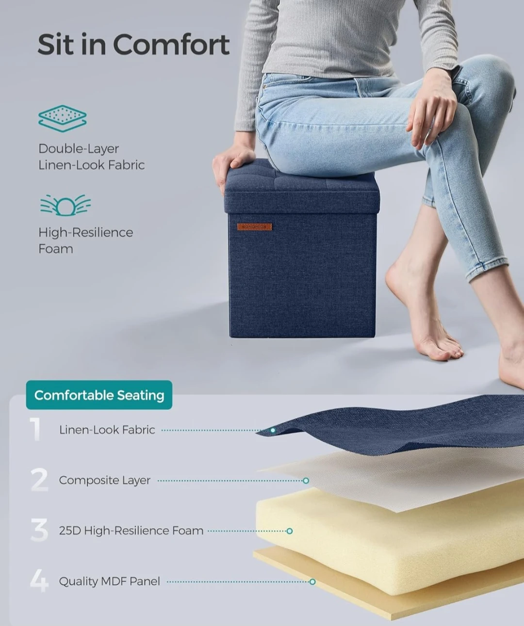 SONGMICS Collapsible Storage Ottoman - Blue - photo 4