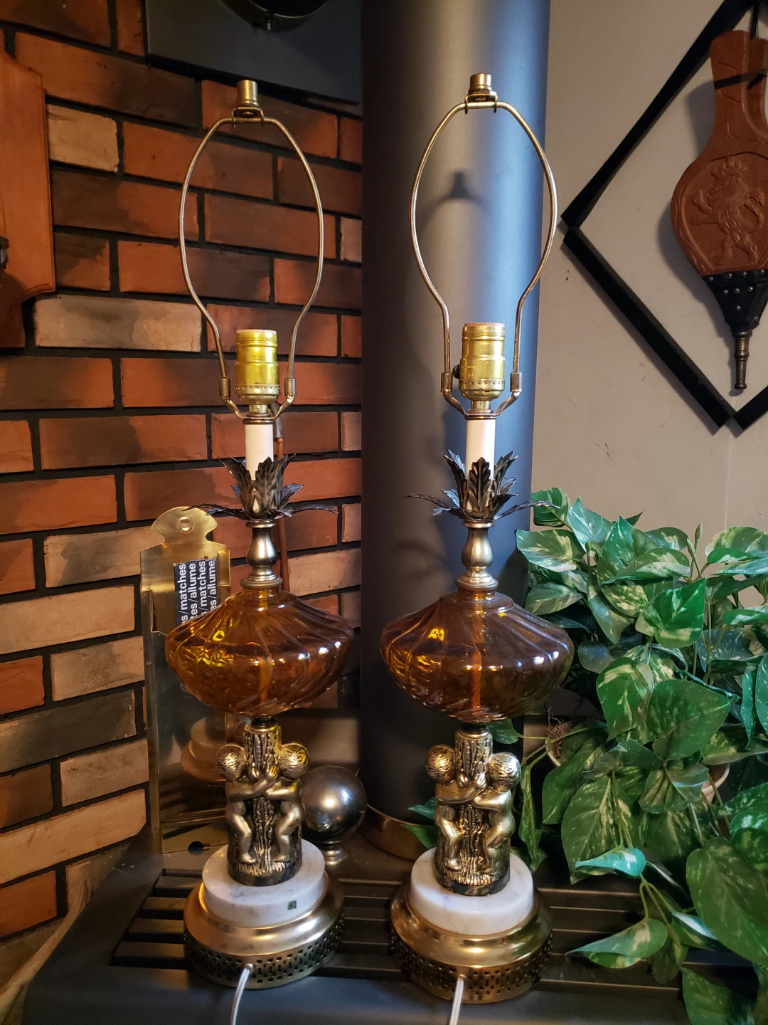 Vintage Amber Glass Table Lamps with Cherub Bases (Pair)
