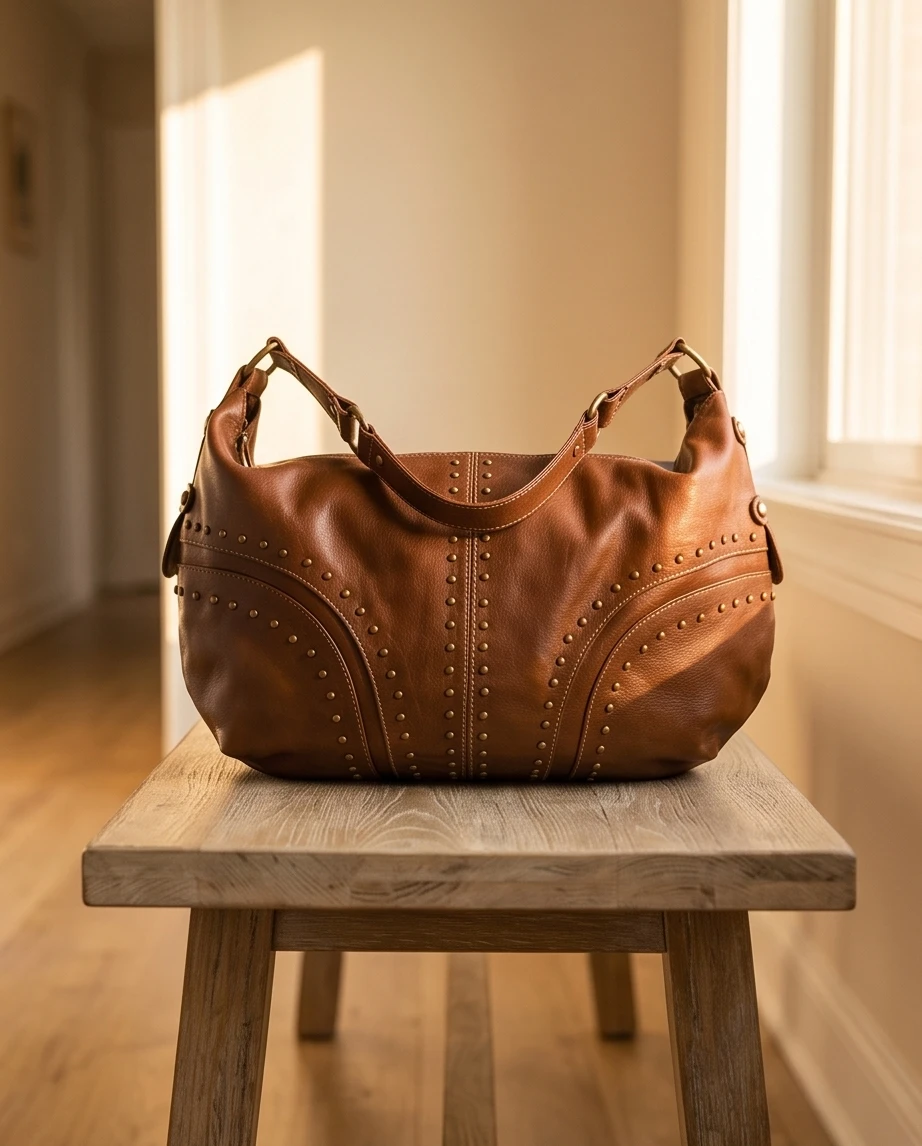 Brown Leather Hobo Bag with Studs