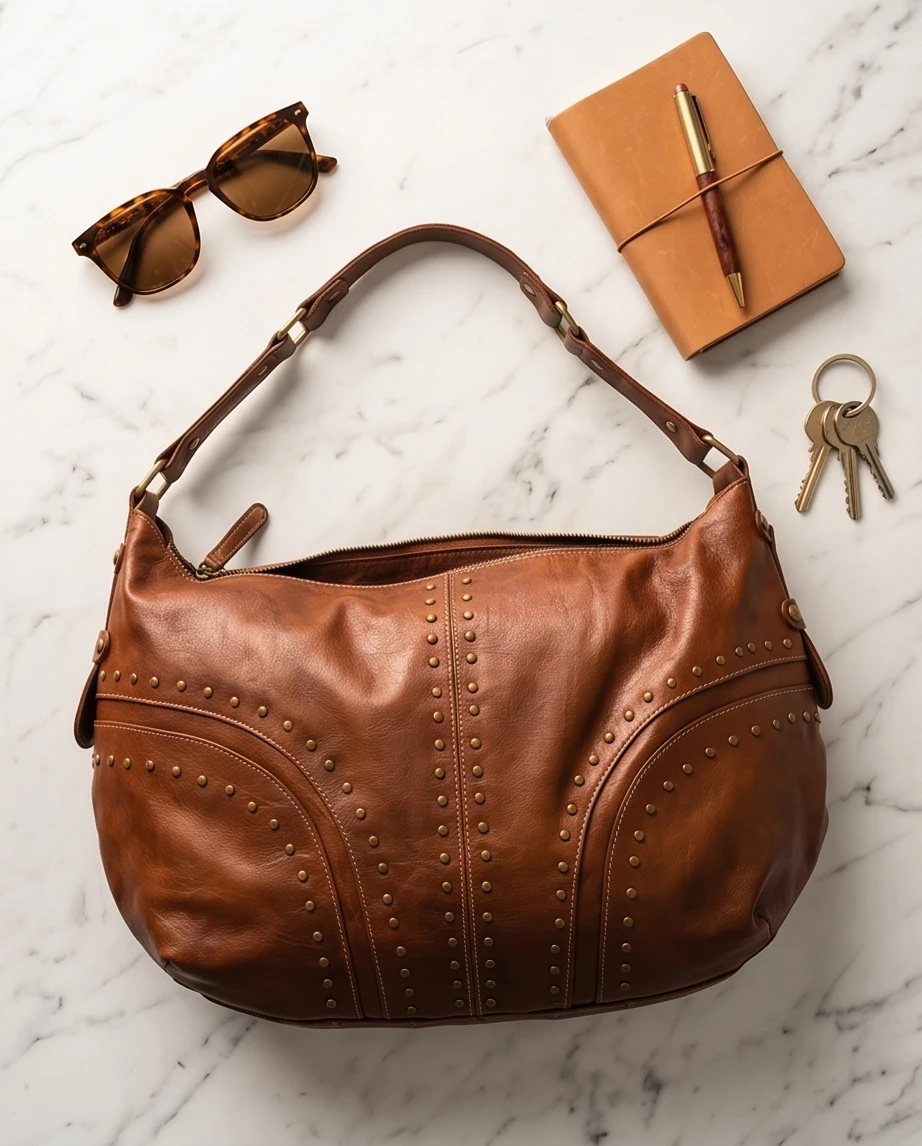 Brown Leather Hobo Bag with Studs - photo 2