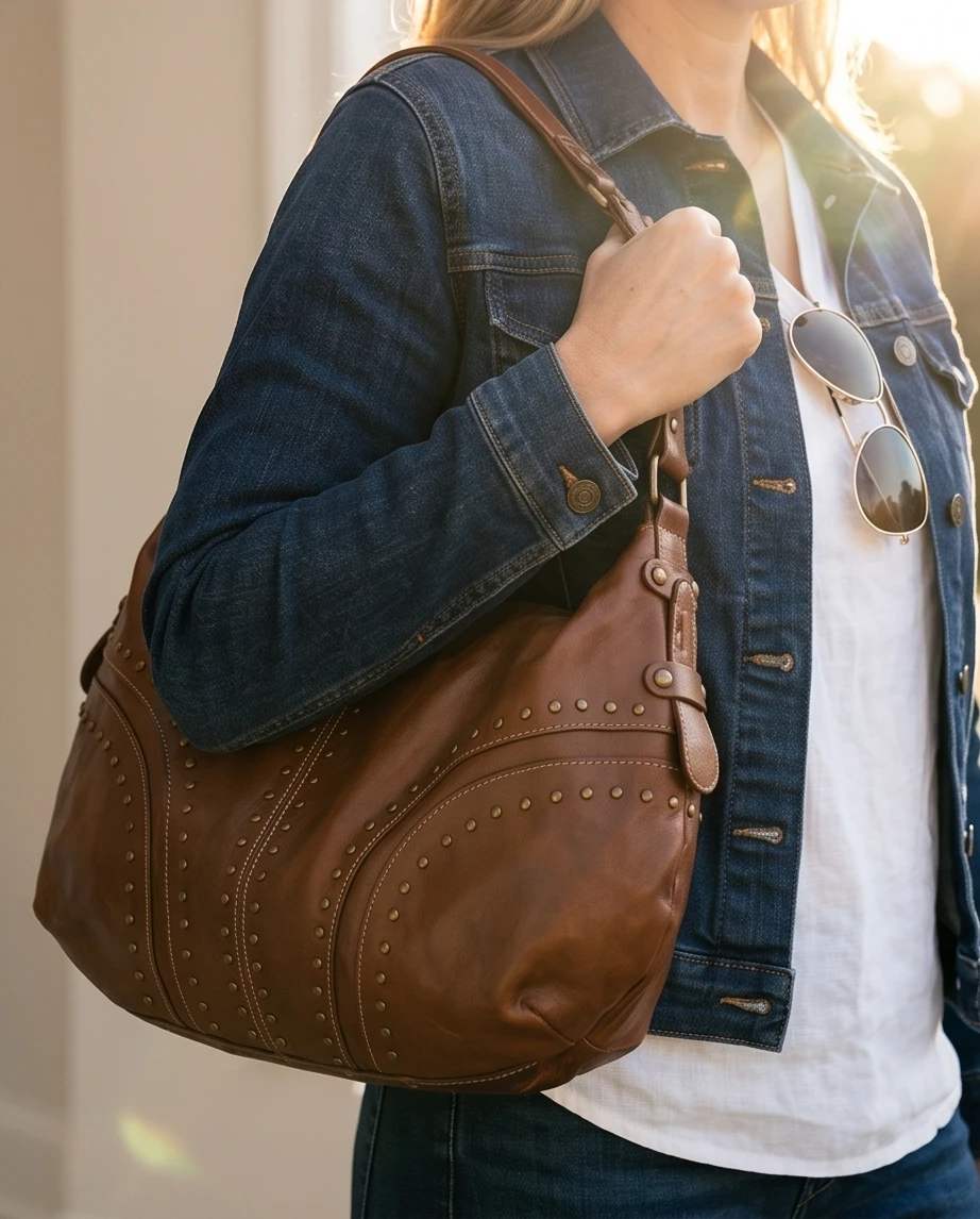 Brown Leather Hobo Bag with Studs - photo 5
