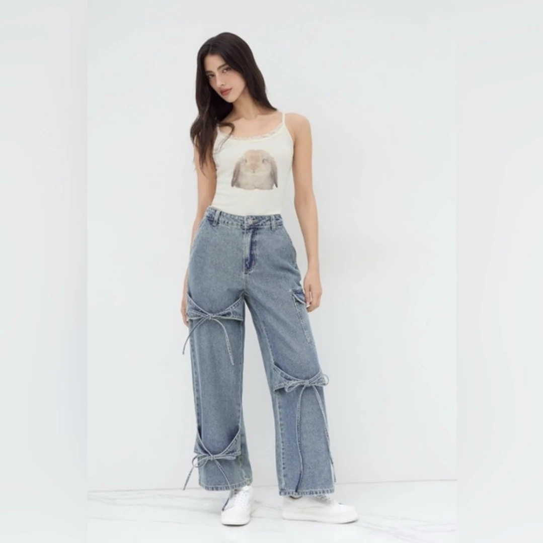Cider Wide Leg Bowknot Detail Cargo Jeans