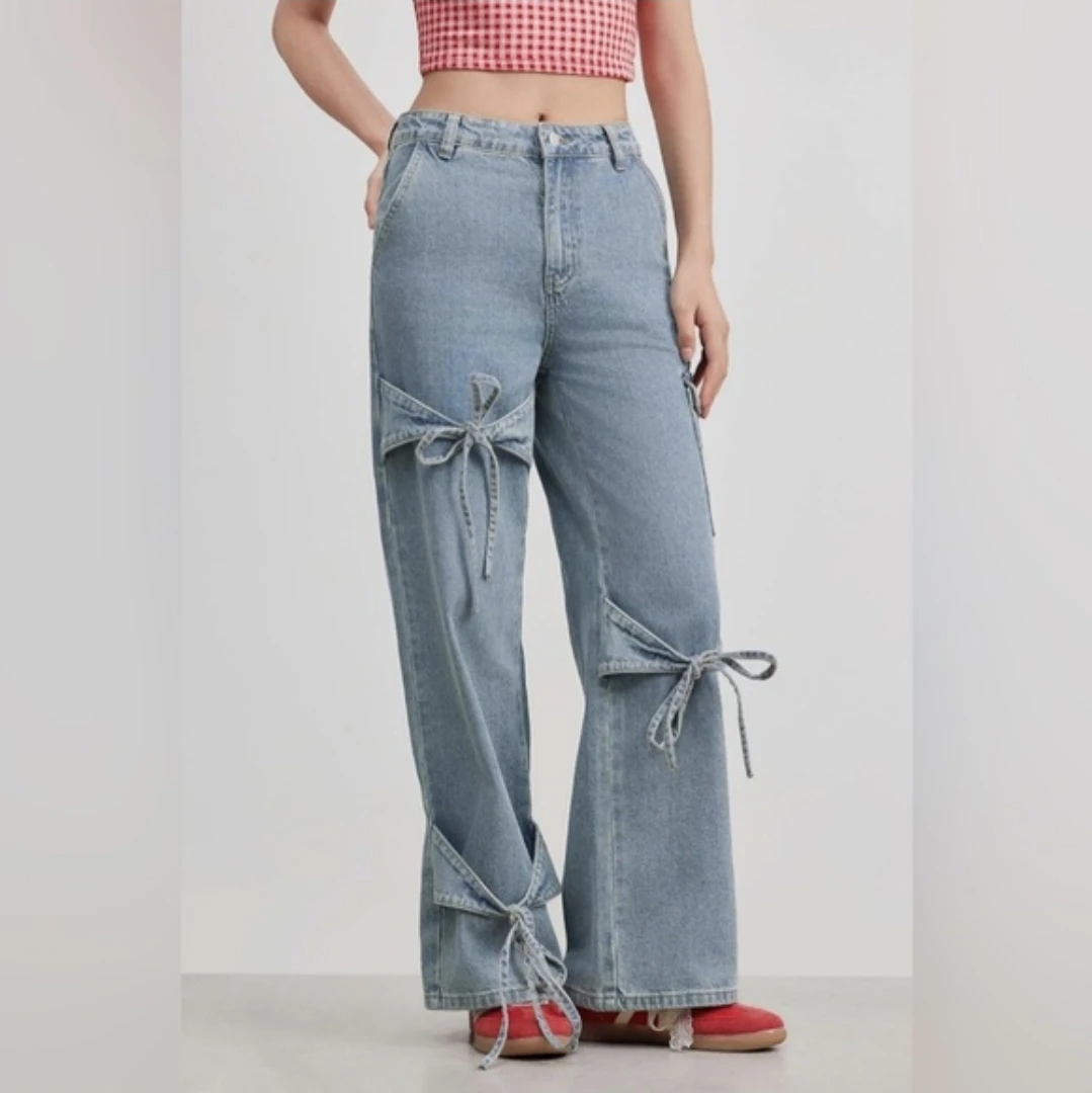 Cider Wide Leg Bowknot Detail Cargo Jeans - photo 2