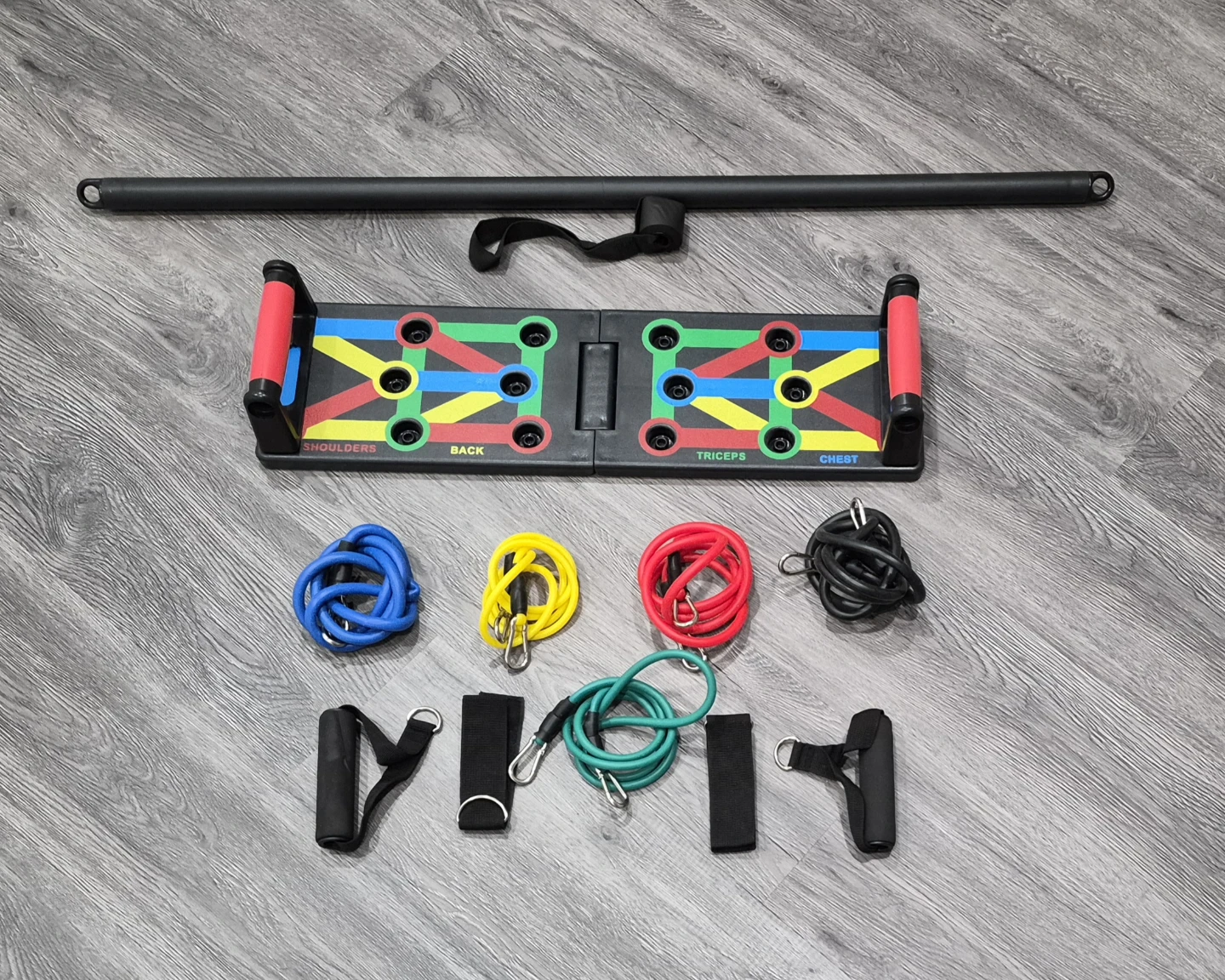 Home Gym Set - Push Up Board + Resistance Bands + Bar