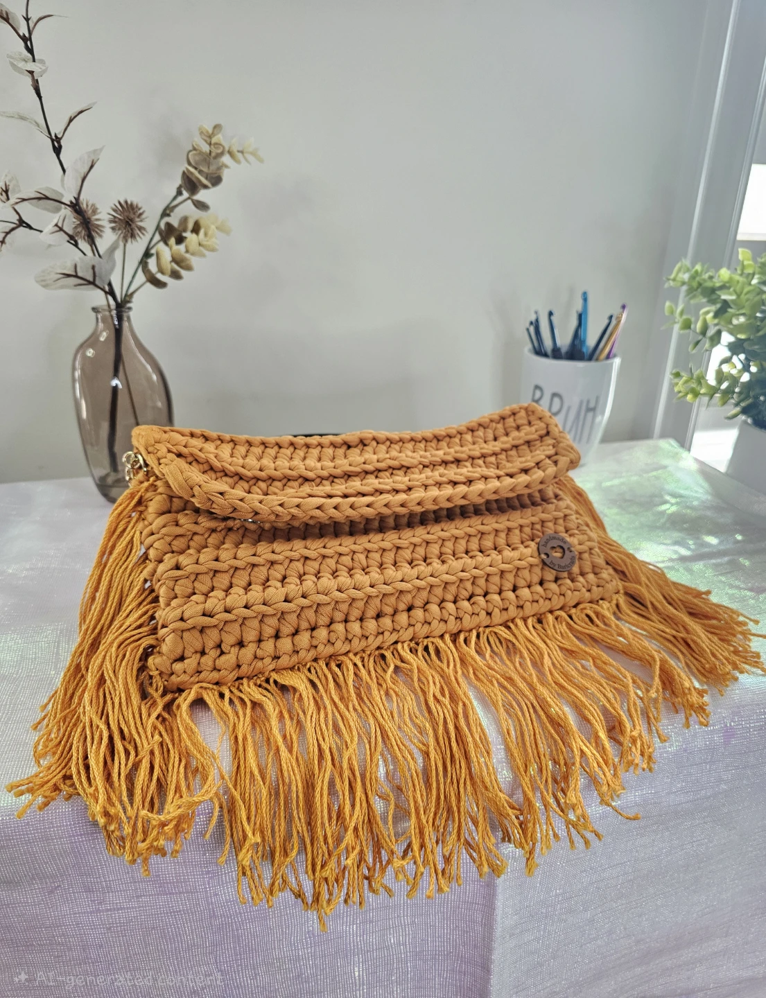 Crocheted Mustard Yellow Fringe Handbag
