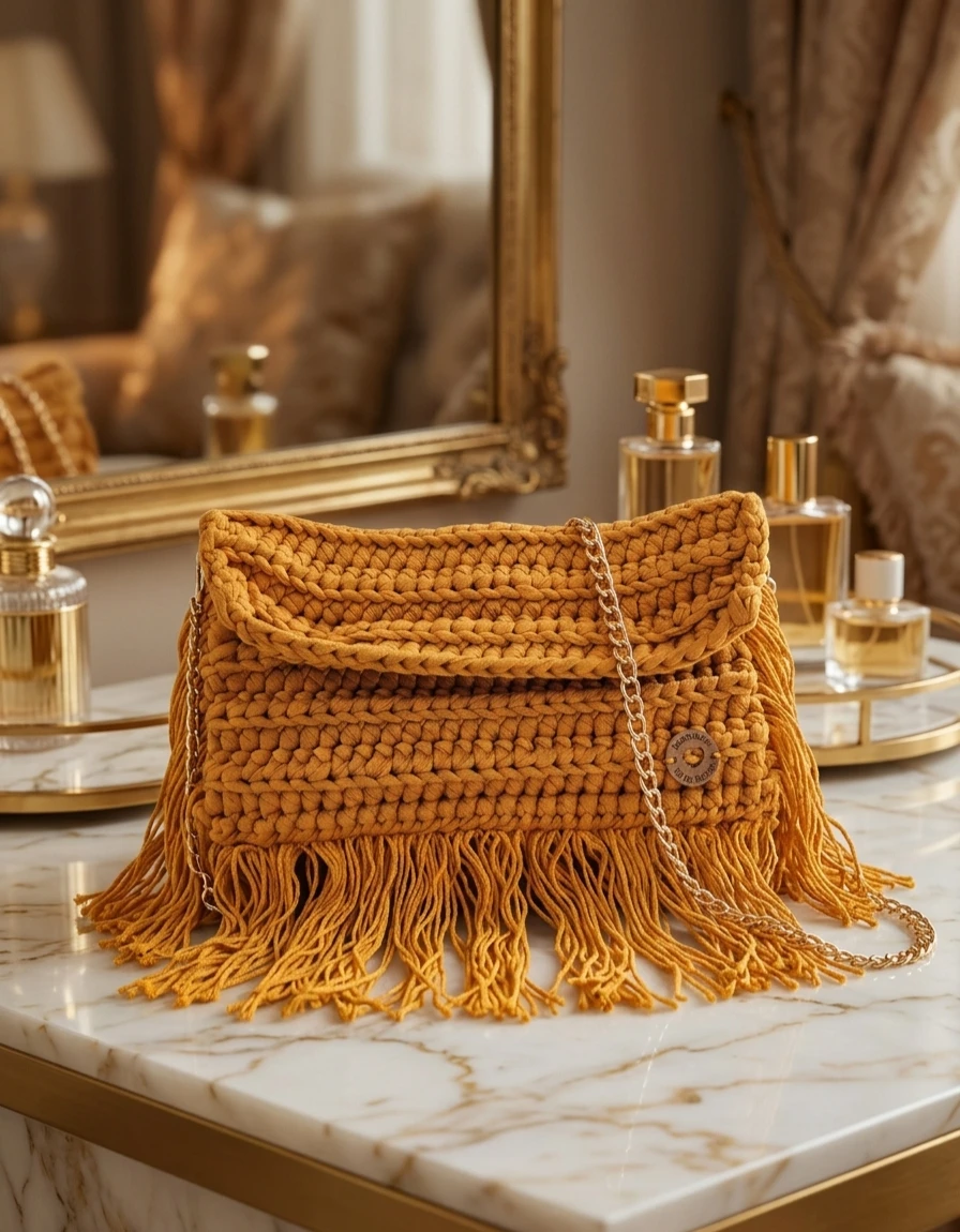 Crocheted Mustard Yellow Fringe Handbag - photo 2