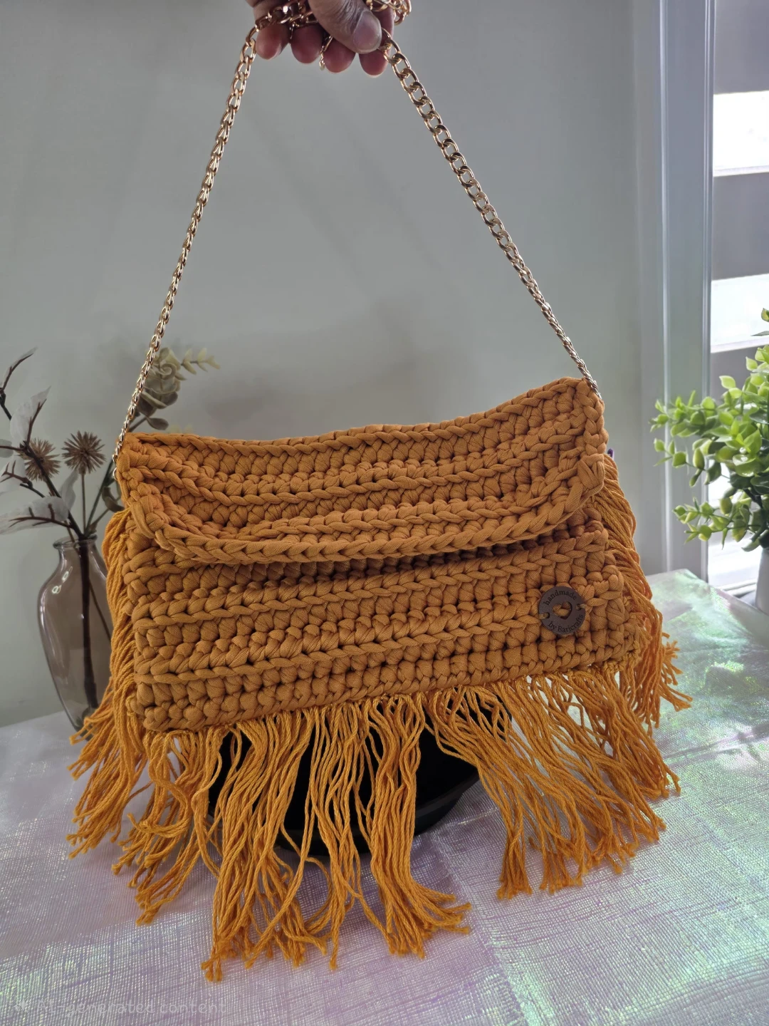 Crocheted Mustard Yellow Fringe Handbag - photo 4