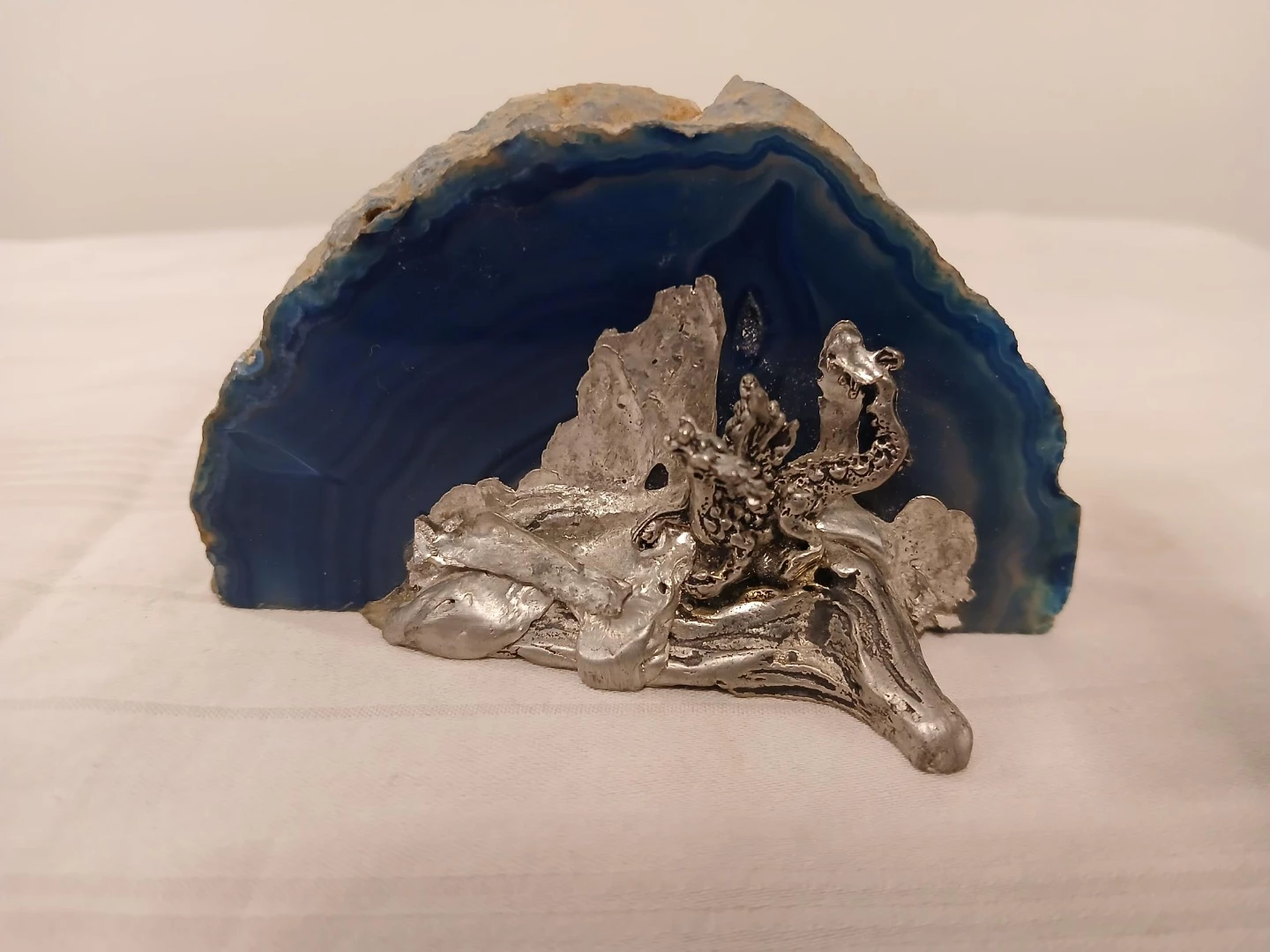 Metal Dragon Sculpture on Blue Agate Geode. Pick up only.