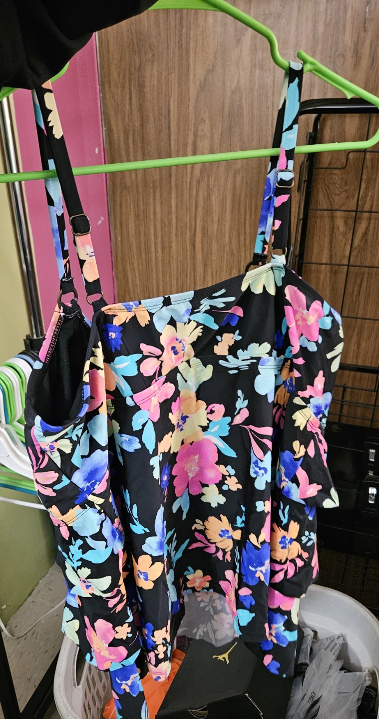 Black Floral Print Swim Top with Ruffle Skirt Swim Bottom - photo 2