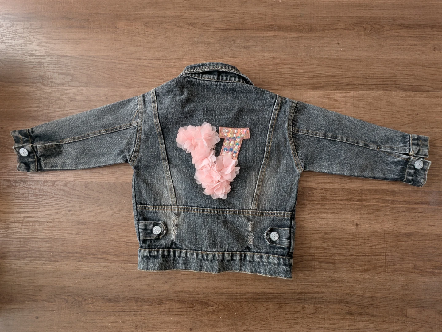 Girls' Denim Jacket with "V" Floral Appliqué - photo 2