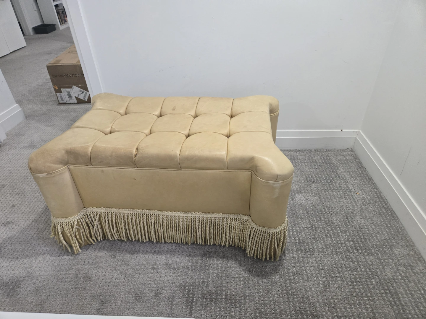 Tufted Leather Ottoman Footstool with Fringe