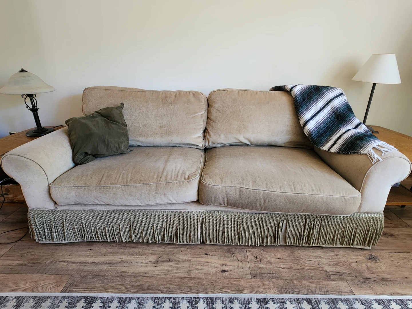 Beige Loveseat Sofa with Fringe Skirt