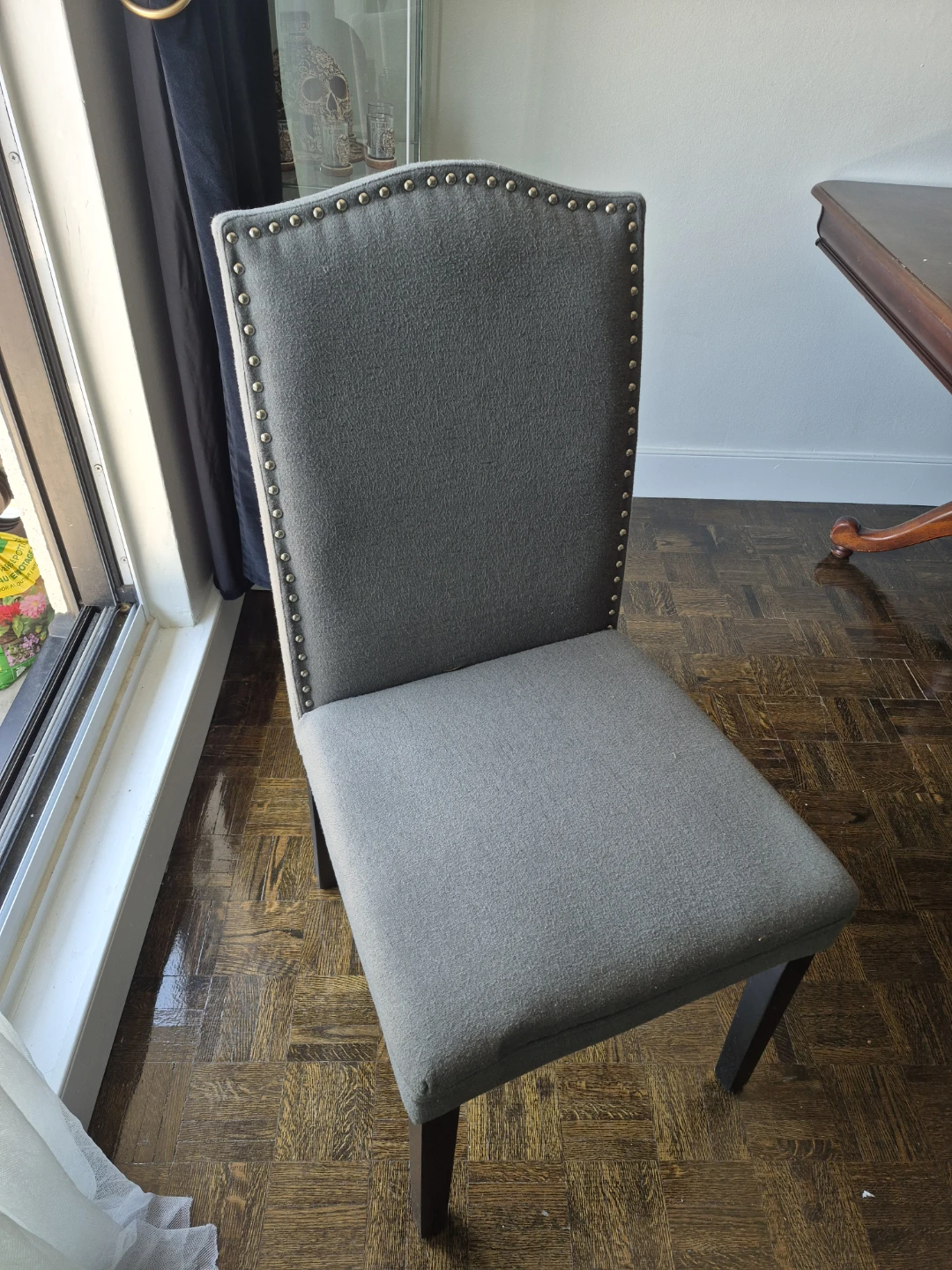 4 Grey Upholstered Dining Chairs with Nailhead Trim