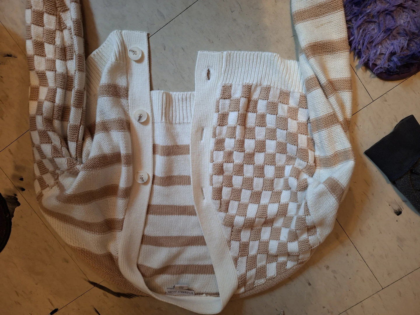 Sincerely Jules Cardigan - Beige & White Checkered/Striped - XS