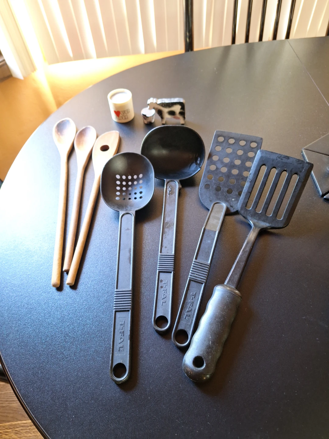 Wood kitchen utensils; T-Fal utensils;  candle holder; Wood Cow