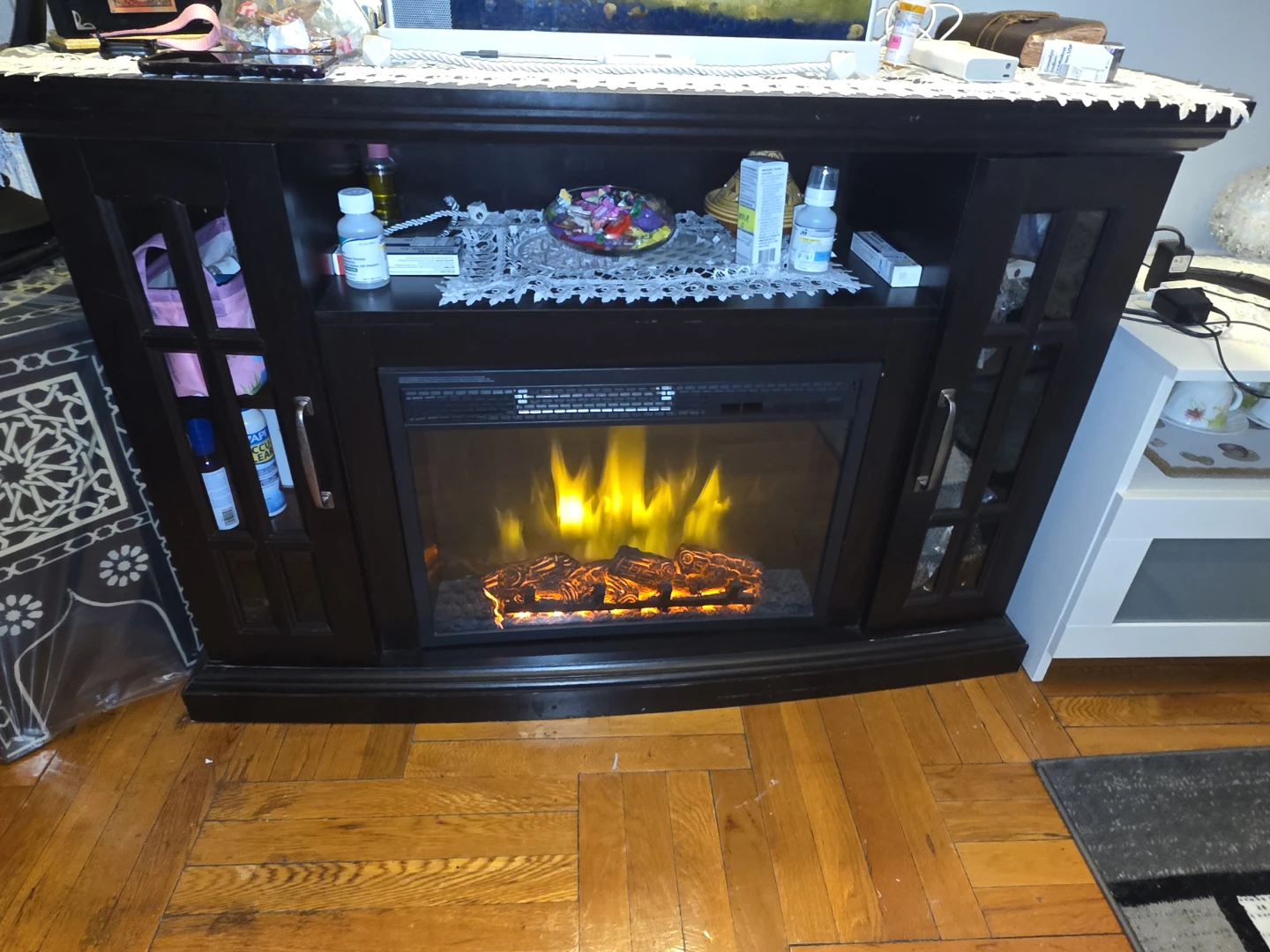 Dark Wood Electric Fireplace with Glass Doors