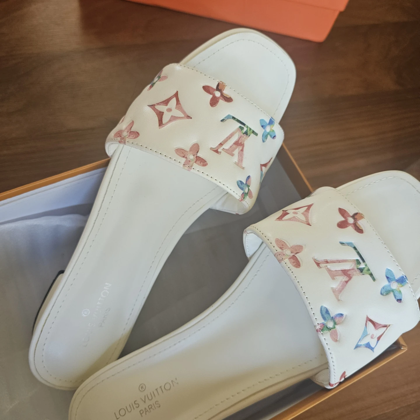 Louis Vuitton White Floral Monogram Slide Sandals