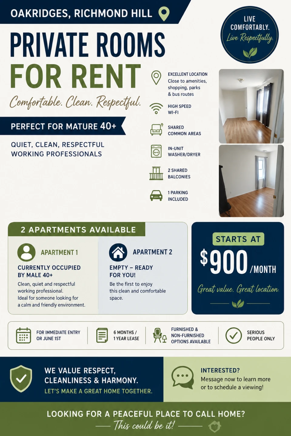 PRIVATE ROOMS for Rent | Oakridges, Richmond Hill