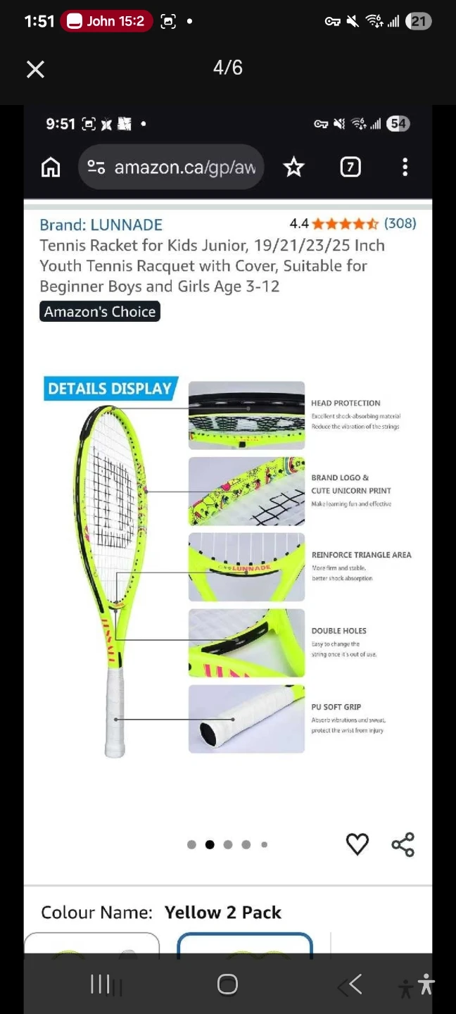 Lunnade Junior Tennis Racquet Yellow 21 Inch $10 - photo 3