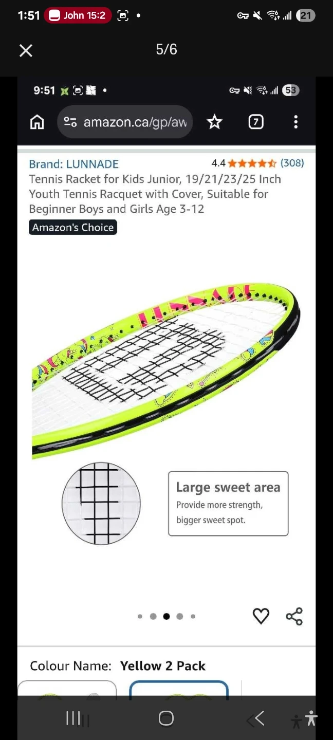 Lunnade Junior Tennis Racquet Yellow 21 Inch $10 - photo 4
