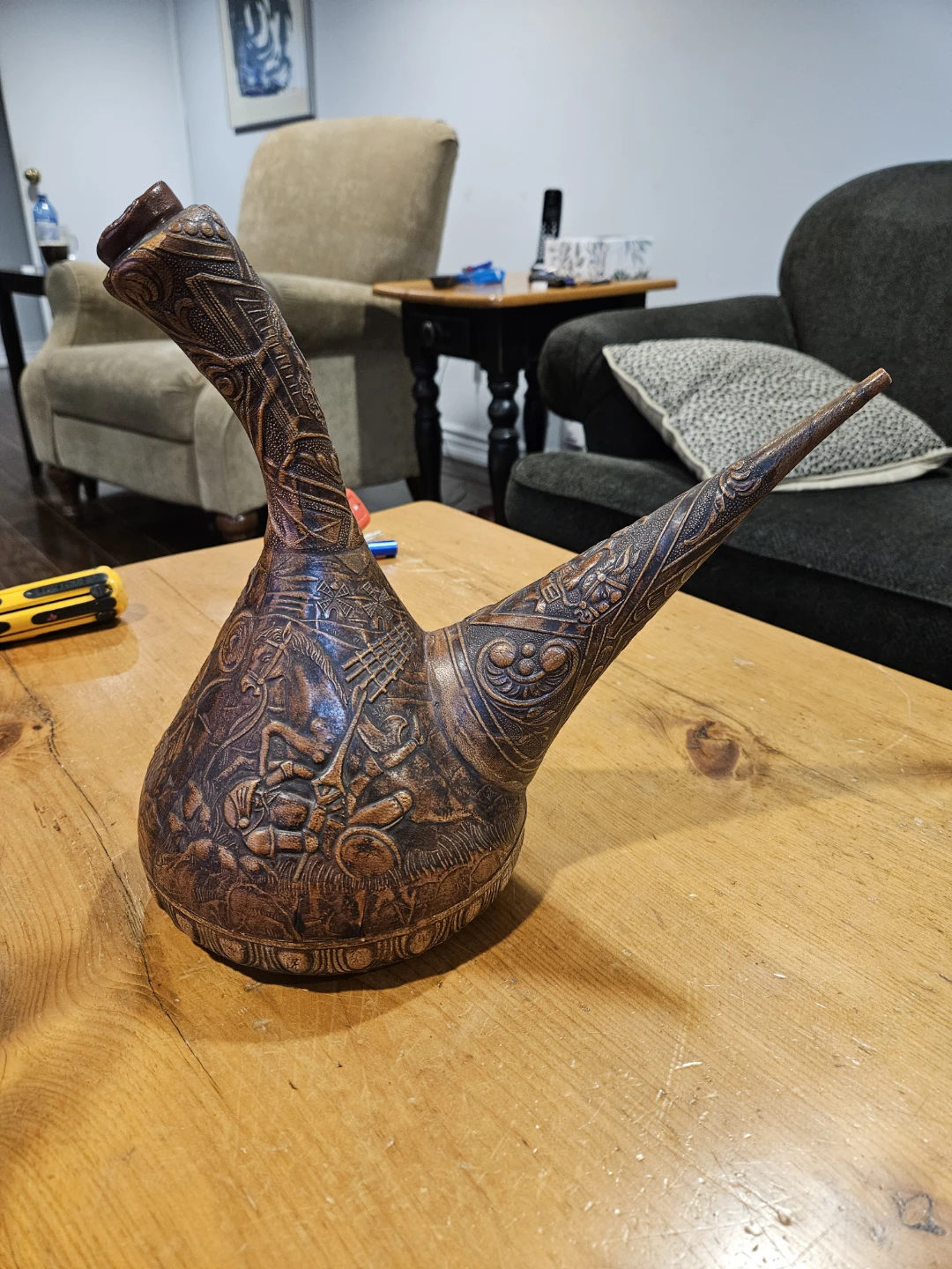12" Vintage Spanish Leather Wrapped Wine Decanter.  Porron - photo 3