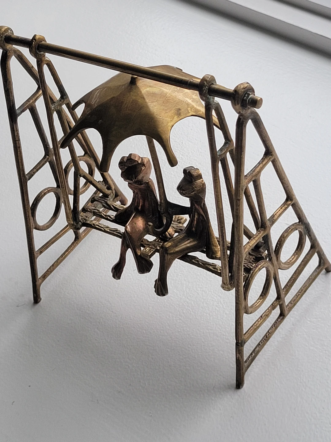 Vintage Solid Brass Frogs on Swing under an umbrella figurine