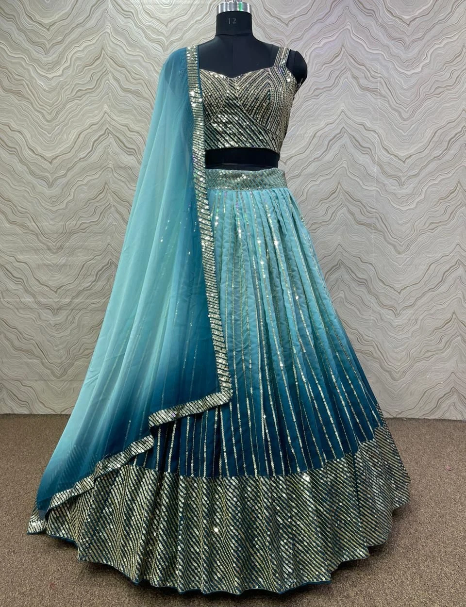 Blue Ombre Sequin Lehenga Choli with Dupatta - photo 3