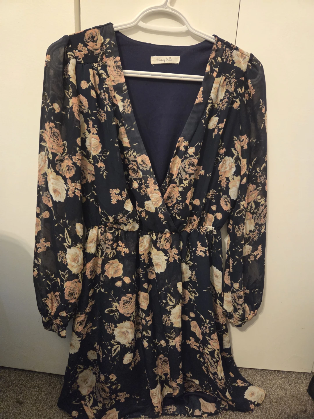 Navy Floral Long Sleeve Wrap Dress