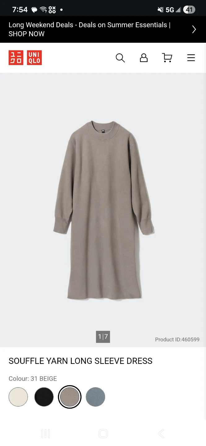 UNIQLO Souffle Yarn Long Sleeve Dress - Beige