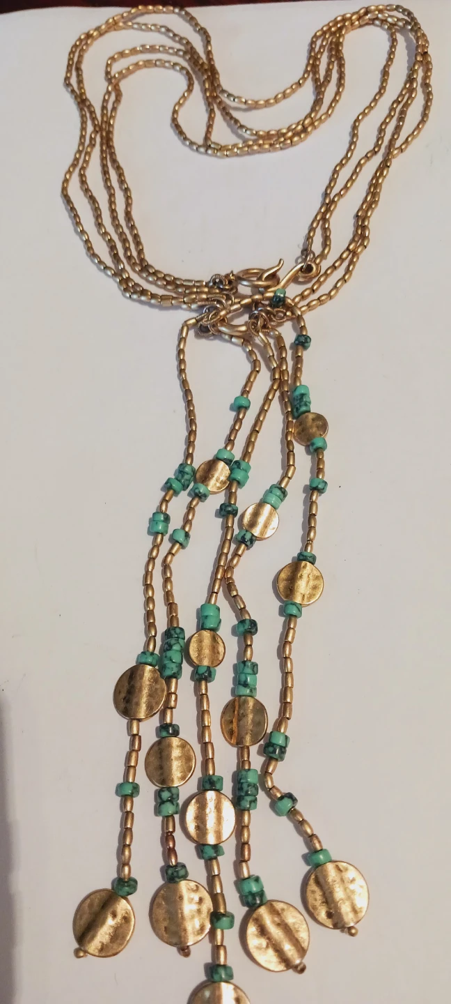 Gold tone beaded necklace with turquoise accents and coin charms - photo 3